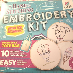 CraftLab Handstitching Embroidery Kit: 10 Easy Designs, Bonus Tote