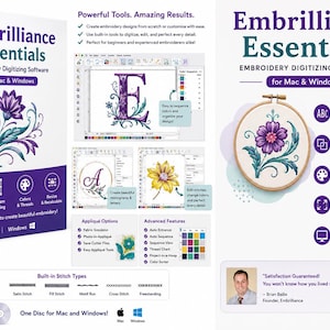 以下が含まれることがあります： MacおよびWindows用Embrilliance Essentials刺繍デジタイジングソフトウェアのパッケージ。紫と白を基調としたデザインで、花のグラフィック、ソフトウェアのインターフェースのスクリーンショット、機能リスト、満足保証バッジが記載されています。