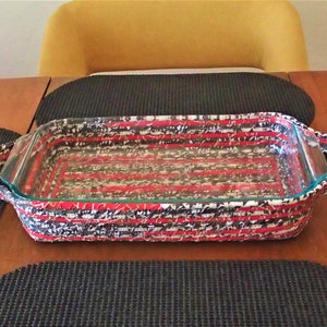 9x13 Bakeware Cozy, Carrier, Server & Holder Basket with Cork Base in Gray, White, Beige and Coral Red Coiled Rope, Casserole Caddy-Trivet