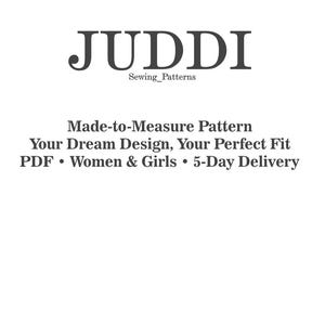 May include: White background with the word "JUDDI" in a bold, dark font. Below it, "Sewing_Patterns" is written in a smaller font. The text "Made-to-Measure Pattern" and other details are also present.