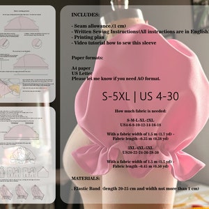 May include: A pink fabric sleeve pattern with instructions for sewing. The pattern includes sizes S-5XL and US 4-30. The pattern also includes instructions for how much fabric is needed for each size, as well as the materials needed, such as elastic band.