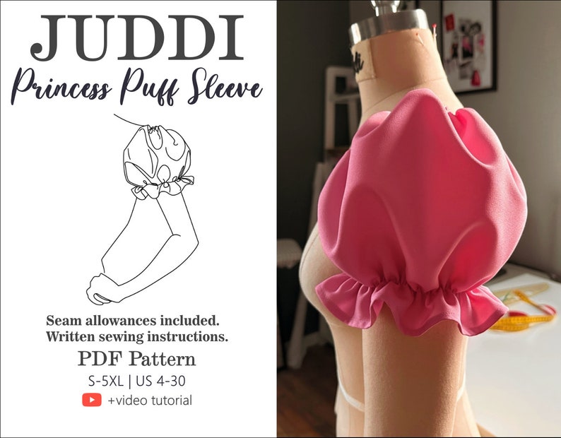 May include: A pink princess puff sleeve sewing pattern with a line drawing illustration of the sleeve. The pattern includes seam allowances and written sewing instructions. The pattern is available in sizes S-5XL and UK sizes 4-30. A video tutorial is also included.