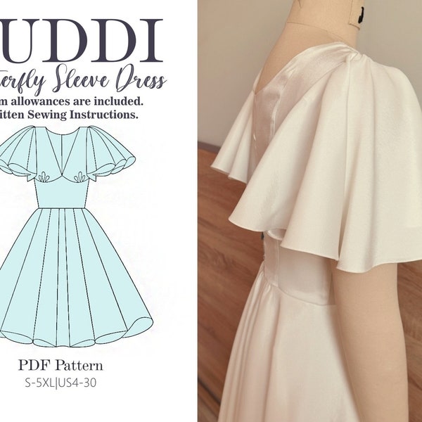 Circle Skirt Flare Dress with Butterfly Sleeves | PDF Sewing Pattern S-5XL | US 4-30 /Wedding Dress/Formal Dress/Maxi dress