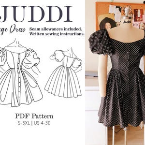 Puede incluir: Un patr&oacute;n de costura para un vestido vintage de lunares negros y blancos con mangas abullonadas. El patr&oacute;n incluye m&aacute;rgenes de costura e instrucciones de costura escritas. El patr&oacute;n est&aacute; disponible en las tallas S-5XL y las tallas espa&ntilde;olas 36-52.