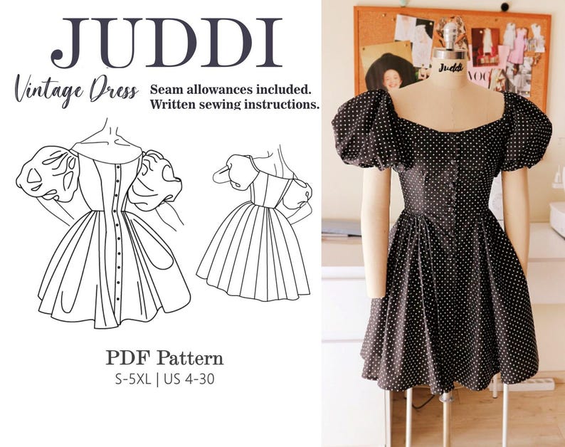 Puede incluir: Un patr&oacute;n de costura para un vestido vintage de lunares negros y blancos con mangas abullonadas. El patr&oacute;n incluye m&aacute;rgenes de costura e instrucciones de costura escritas. El patr&oacute;n est&aacute; disponible en las tallas S-5XL y las tallas espa&ntilde;olas 36-52.