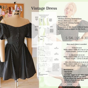 Puede incluir: Un vestido de lunares negros y blancos con mangas abullonadas y falda fruncida. El vestido se muestra en un maniqu&iacute;. La imagen incluye instrucciones de costura y requisitos de tela para las tallas S-5XL (ES 36-52).