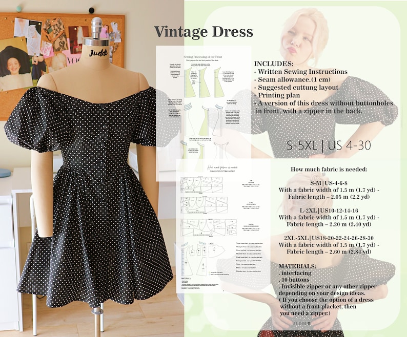 Puede incluir: Un vestido de lunares negros y blancos con mangas abullonadas y falda fruncida. El vestido se muestra en un maniqu&iacute;. La imagen incluye instrucciones de costura y requisitos de tela para las tallas S-5XL (ES 36-52).