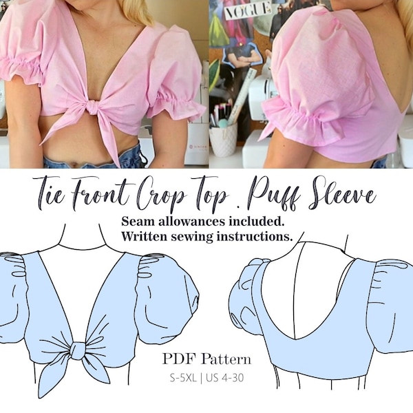 Pink Tie Front Crop Top | Puff Sleeves | PDF Sewing Pattern | Instant Download S-5XL | Low Cut Crop Top