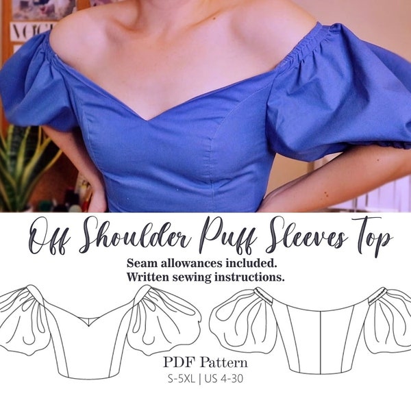 Sweetheart neckline Top with Off Shoulder Puff Sleeves | PDF sewing Pattern | US 4- 30 |Size S - 5XL