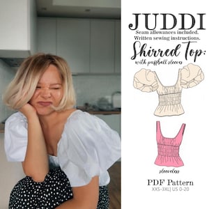 Topp med rynkad midja och puffbollärm/ärmlös PDF-sömnadsmönster: XXS - 3XL | US 0 - 20