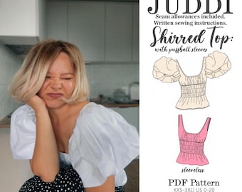 Patrón de costura en PDF para blusa con cintura fruncida y mangas abullonadas/sin mangas: XXS - 3XL / EE. UU. 0 - 20