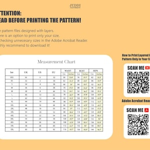Puede incluir: Un gr&aacute;fico con informaci&oacute;n de tallas para patrones de ropa. El gr&aacute;fico incluye tallas internacionales, del Reino Unido, de EE. UU. y de la UE, as&iacute; como medidas en pulgadas y cent&iacute;metros para la cintura, el busto y las caderas. El gr&aacute;fico tambi&eacute;n incluye instrucciones sobre c&oacute;mo imprimir patrones PDF en capas en tu talla usando Adobe Acrobat Reader.