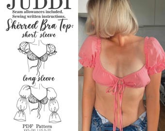 Patrón de costura en PDF para top tipo sujetador fruncido: mangas abullonadas, tallas 0-20 (descarga digital)