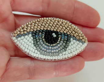 Evil eye brooch Beaded brooch grey blue eye Embroidered brooch