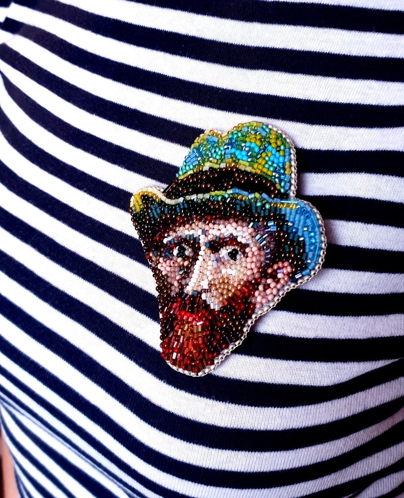 woman accessory gift for artist handmade embroidery beaded pin jewelry brooch Vincent Van Gogh self-portrait