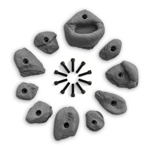 May include: A set of gray climbing holds in various shapes, arranged in a circle. Each hold has a hole for mounting. Black bolts are in the center. The holds are made of a textured material, suitable for indoor or outdoor climbing.