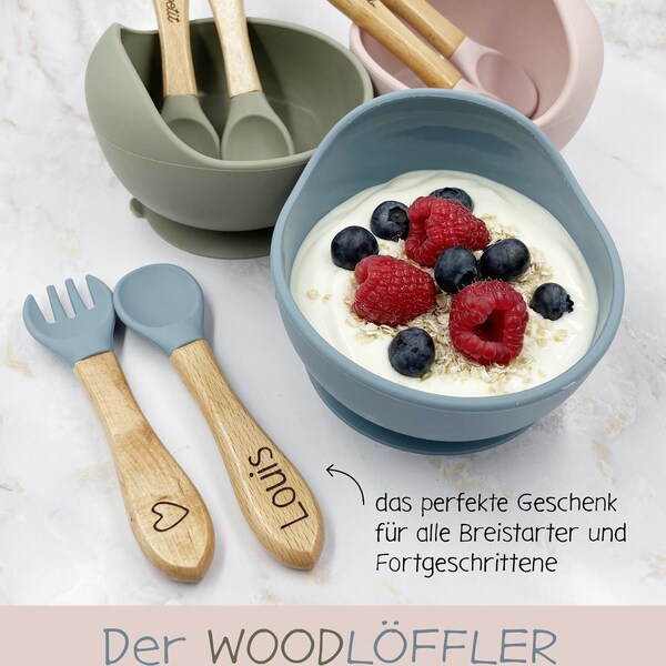 Der WOODLÖFFLER: Personalisiertes Kinderbesteck & Breischüssel aus Silikon und Buchenholz. Das ideale Geschenk zur Geburt.