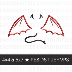 May include: Red devil wings with a black tail, outlined in white. The wings are curved and have a pointed tip. The tail is curled and has a pointed tip. The image is for embroidery.