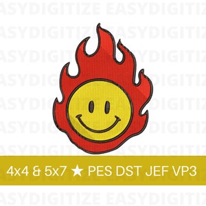 Smiley Face on fire Broderie design file 4x4 & 5x7 PES DST JEF VP3, design tendance