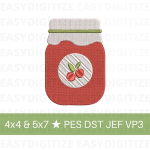 May include: Embroidered design of a red glass jar with a white lid and a green band. The jar contains red jelly and has a white label with a green stem and two red cherries.
