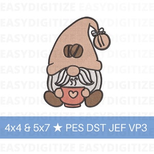 Coffee Bean Gnome Embroidery design file 4x4 & 5x7 PES DST JEF VP3, trendy crewneck