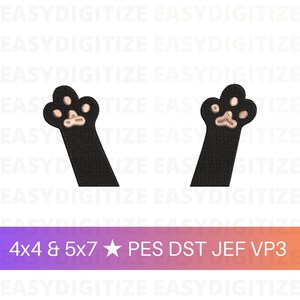 May include: Two black cat paws with pink paw pads, raised in the air, with the text "4x4 & 5x7 PES DST JEF VP3" at the bottom of the image.