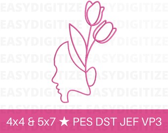 Face and Flower outline Embroidery design file 4x4 & 5x7 PES, trendy design