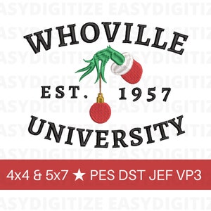 Whoville University Est. 1957 Ricamo file di design 4x4 & 5x7 PES DST JEF VP3, design alla moda