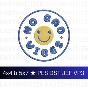 May include: A blue circle with the text "Good Vibes" around a yellow smiley face. The text is in a retro font.