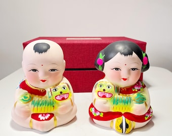 Vintage Wuxi Huishan Clay Figurines, Chinese Folk Art (Set of 2)