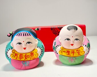 Vintage Huishan Clay Figurines, Chinese Folk Art, Set of 2
