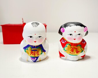 Vintage Wuxi Huishan Clay Figurines, Chinese Folk Art (Set of 2)