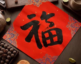 Chinese Calligraphy 'Fu' Good Fortune Symbol – New Year Decor, 6.7" x 6.7"