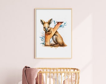 Kangaroo Nursery Print, Baby Wall Art, Watercolor Printable Art, Baby Kangaroo in K, Cute Kangaroo Poster, DIGITAL PRINT, Mother’s Day Gift