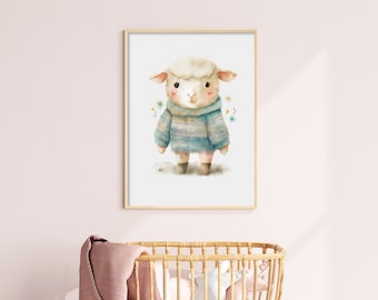 Lamb Nursery Print, Baby Wall Art, Watercolor Printable Art, Baby Lamb in a Sweater, Cute Lamb Poster, DIGITAL PRINT, Mother’s Day Gift