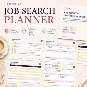 以下が含まれることがあります： Career Labによる13ページのA4横型印刷可能な求職プランナー。このドキュメントには、応募追跡、面接準備、オファー比較、給与交渉のためのセクションが含まれており、パステルカラーの長方形を使用したデザインが特徴です。