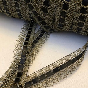 Vintage Antique Gold Decorative Filigree Knit Lace with black satin ribbon pull through 1 yard (507)