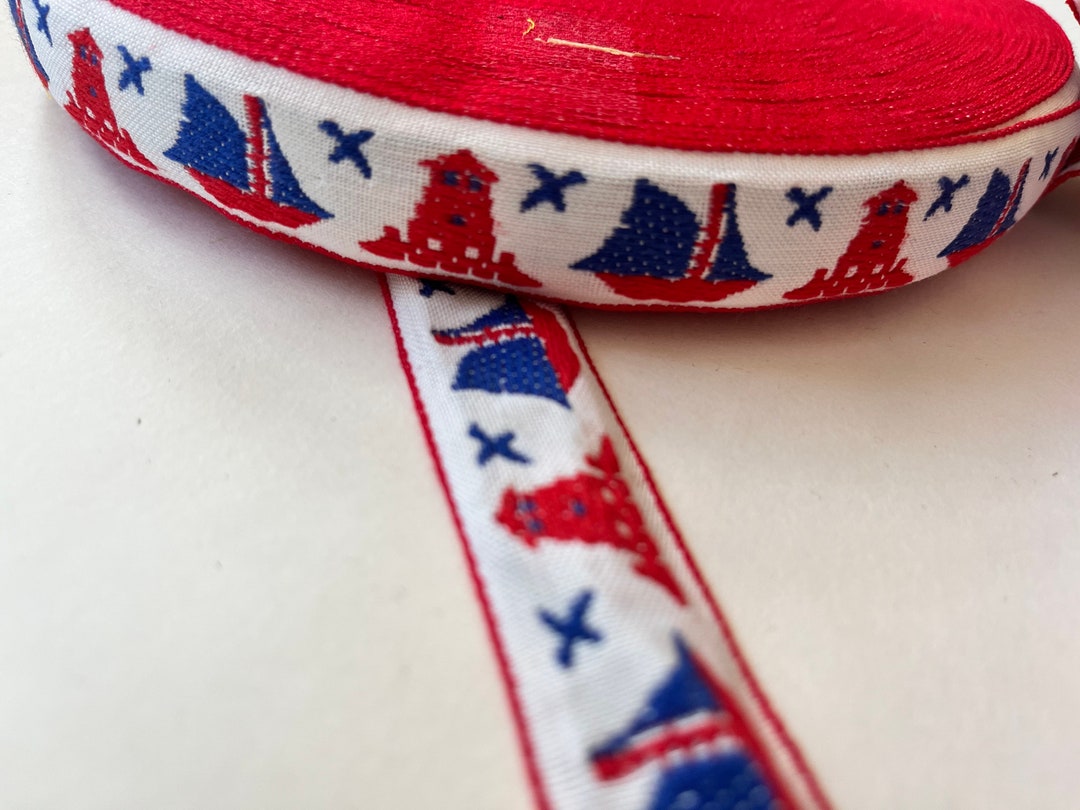 Vintage Woven Jacquard Trim, Naval Novelty Jacquard Trim, Sailboat, Light House, Patriotic Color