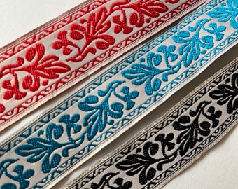 Vintage Jacquard trim, Leaf style Black or Red or Blue with matte gold jacquard trim 1 yard (B431)