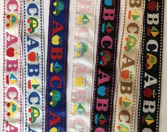 Vintage novelty ABC, Apple, Car, boat, Alphabet, School, Childrens woven jacquard ribbon trim, 2 yards, (16)