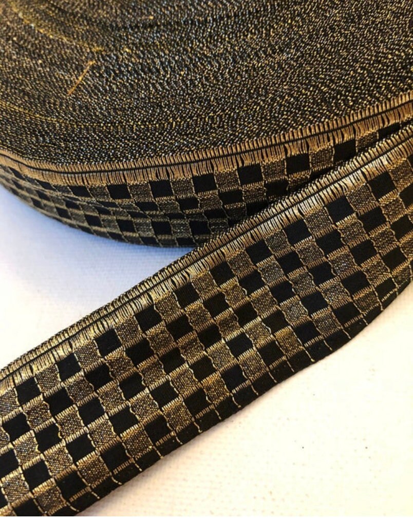 Vintage Jacquard Checkered Metallic Black Gold , 1 Yard 1 1