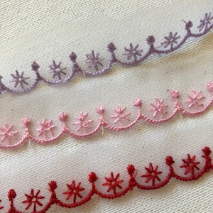 Vintage scalloped embroidered floral trim, Pink, lavender, red trim, Made in Thailand 1 yard, 536