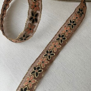 1/2&quot; Metallic Antique Gold/Peach/Black Floral Embroidered Ribbon Jacquard Trim 486
