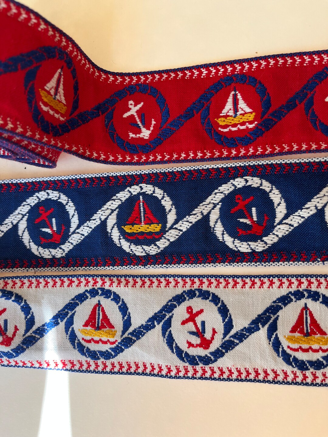 Vintage Nautical Woven Jacquard Ribbon Trim, Jacquard Nautical, Sailboat and Anchor