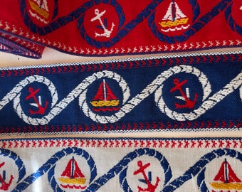 Vintage Nautical Gorgeous Woven Jacquard Ribbon Trim, Jacquard Nautical, Sailboat and Anchor trim, 1 yard.1B