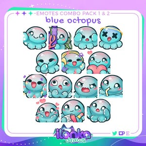 Blue octopus | Twitch/Discord emotes combo pack (set of 14)