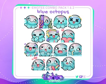 Pacchetto combo emote polpo blu / Twitch/Discord (set da 14)