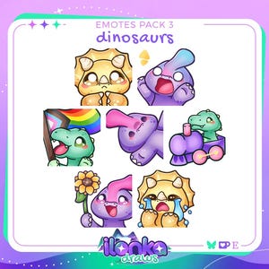 May include: A digital art print showcasing dinosaur-themed emotes with diverse expressions. The emotes depict actions like crying, holding a flower, and waving a pride flag. The text "EMOTES PACK 3 dinosaurs" is displayed at the top of the image.