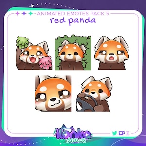 May include: Animated emote pack of a red panda with five different expressions. The red panda is depicted in a cartoon style with large eyes and a fluffy tail. The expressions include: cleaning, peeking, surprised, driving, and smiling.