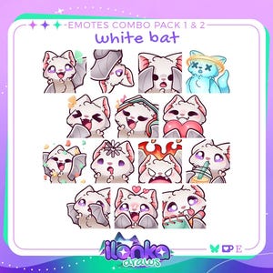 White bat | Twitch/Discord emotes combo pack 1 & 2 (set of 14)